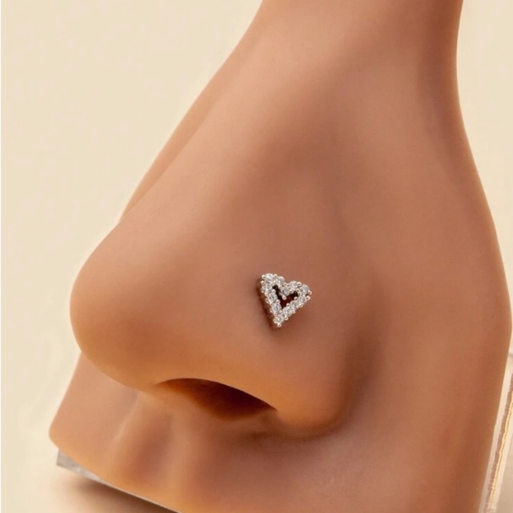 Nose Ring- Hollow Out Heart Shape Nose Stud Ring, Nose Piercing Silver tone - Picture 2 of 12